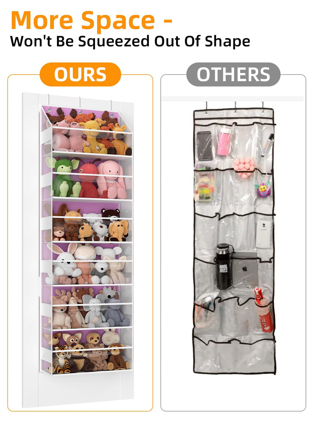 Wakaye Over the Door Organizes- 6 Tier Stuffed Animal Storage, Bathroom Organizers and Storage, Swing-proof Hanging Organizer for Toys/Nursery Newborn Baby Essential Stuff (Clear-pink)