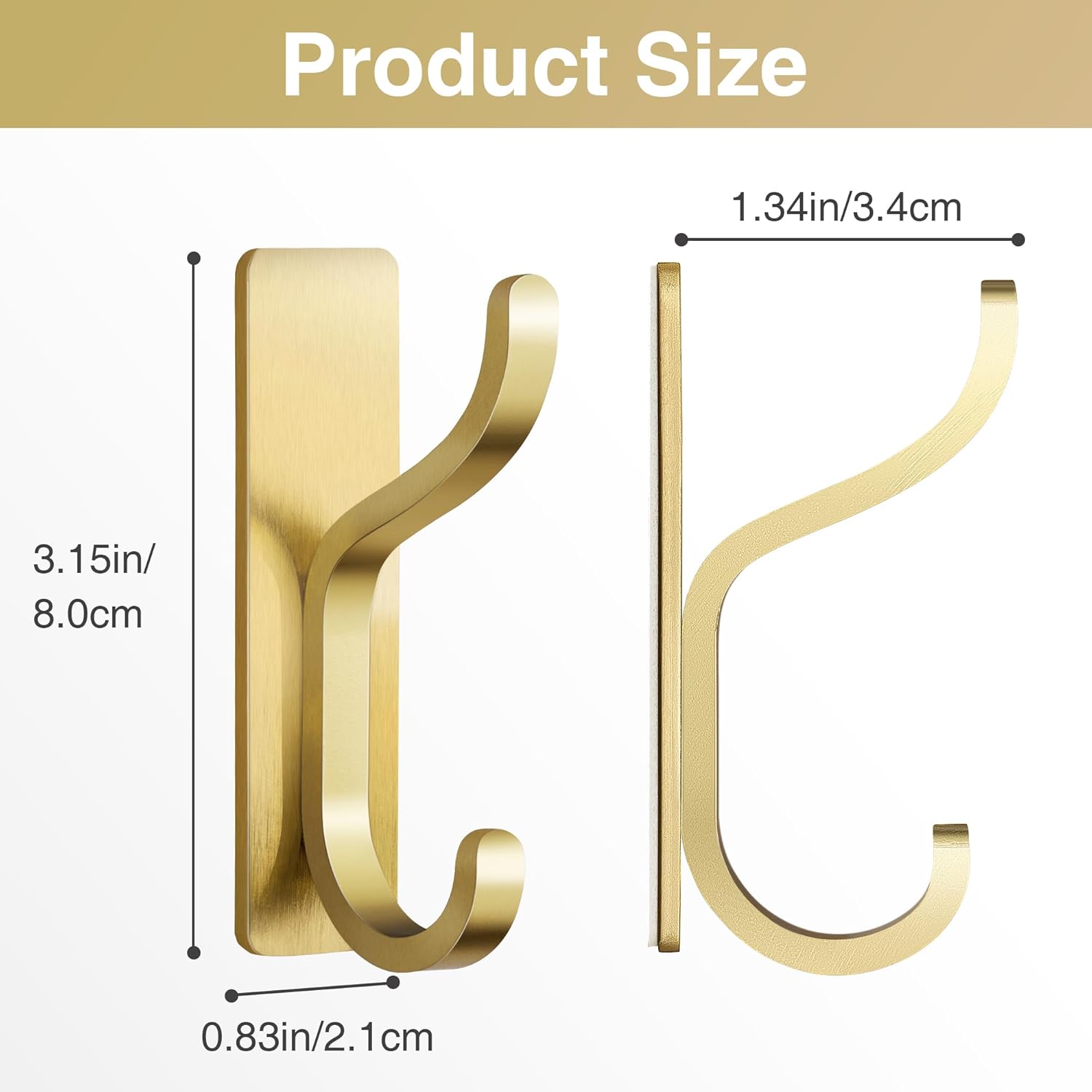 Pickpiff Adhesive Wall Coat Hooks - Heavy-Duty Stick-On Metal Hangers for Towels, Bags & Jackets - Gold, 4 Pack