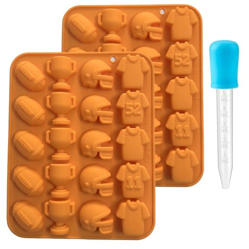 Apiocmy 2 Pack Football Candy Molds, 40-Cavity Football Chocolate Mold with Dropper, Haped with Football, Helmet, Trophies, and Jersey for Chocolate, Candy, Cake Cupcake Decorations