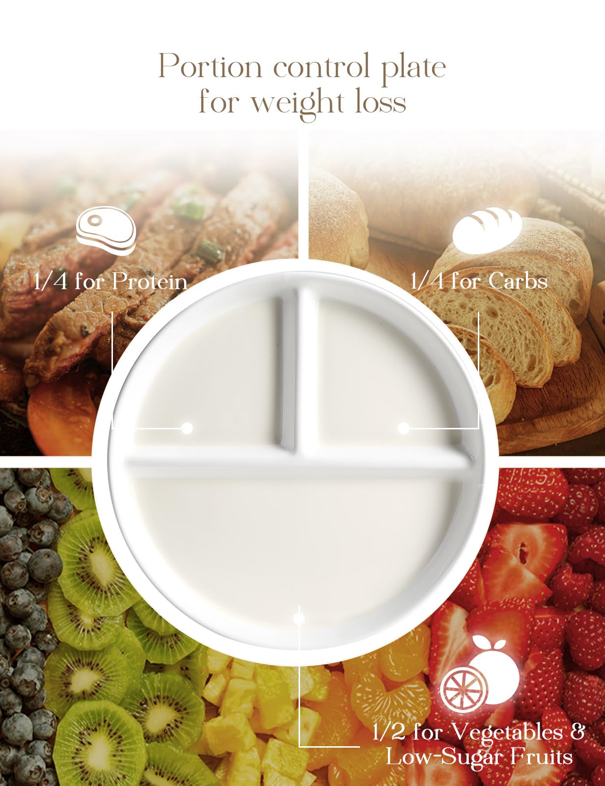 Ceramic Portion Control Plate 9Inch for Weight Loss for Adults 1 Pack White