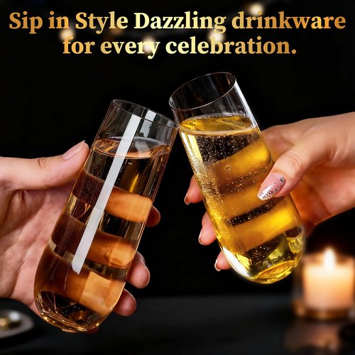 Guanqiao 12 Pack Stemless Plastic Champagne Flutes, 9 oz Clear Disposable Plastic Glasses, Heavy Duty Shatterproof Recyclable Mimosa Glasses for Party Wine Tasting Wedding New Years Eve Party Supplies