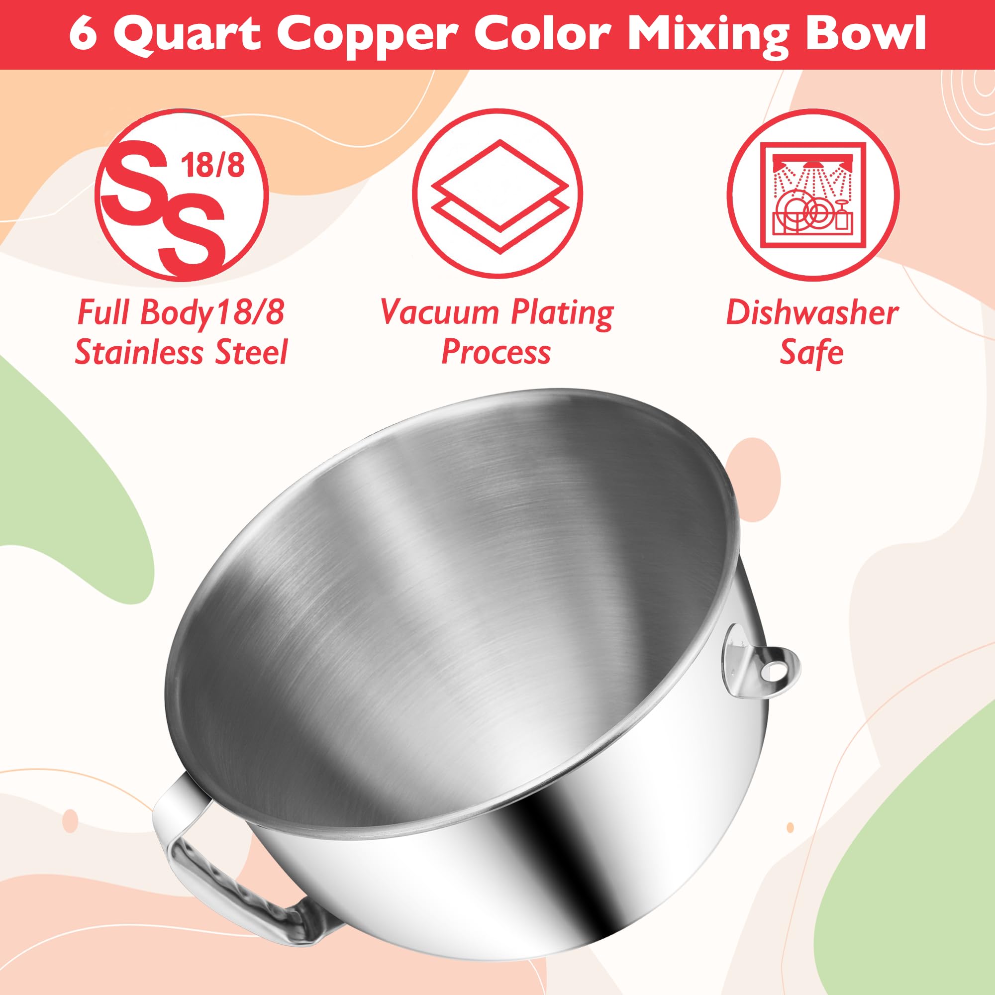 Wiselet 18/8 Stainless Steel 6 Quart Mixing Bowl for Kitchen Aid Professional Bowl Lift Stand Mixer, Heavy Duty Extra Mixer Bowl fits KP26, KB26, Dishwasher Safe, Ergonomic Handle, Silicone Scraper