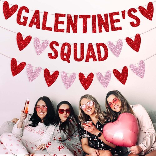 3 PCS Galentines Day Decorations Galentines Squad Banner with Love Heart Garland, Glitter Happy Galentine’s Day Banner Galentines Day Party Decor for Ladies Girls Friends Valentines Day Party Decor