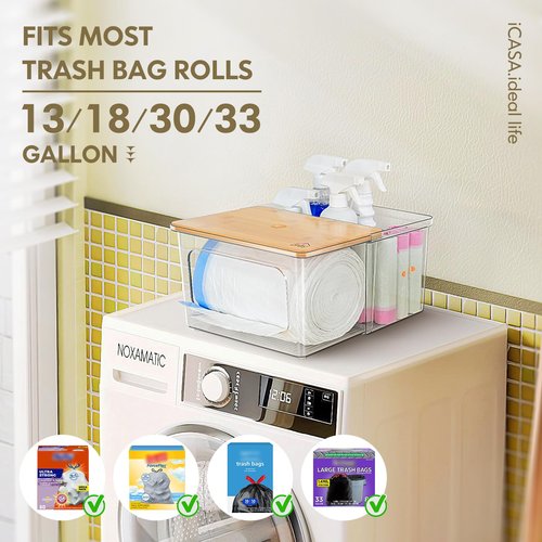 iCASA Trash Bag Dispenser Under Sink Organizer, 2-in-1 Acrylic Trash Bags Holder with Bamboo Lid, Holds Large Rolls up to 100 Count, Garbage Bag Storage Container for Kitchen, Pantry, Laundry Room