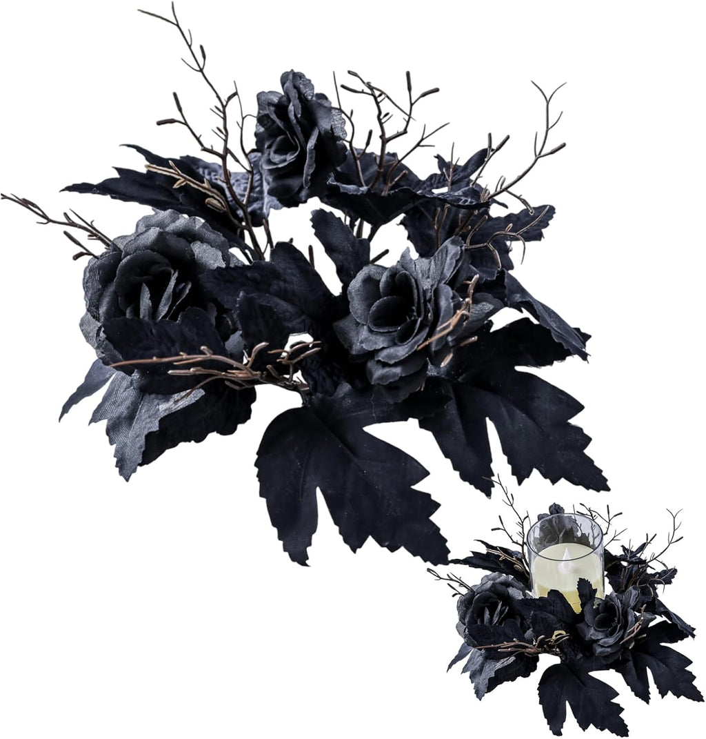 Skiennix Gothic Halloween Wreath - Black Candle Rings & Maple Rose Garland | Perfect for Home Decor