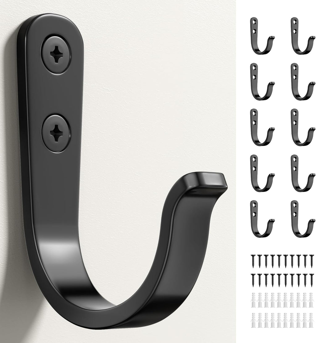 10Pcs Black Metal Wall Hooks by [Brand Name] - Durable Hooks for Hanging Coats, Towels & Bags - Supports Up to 40 lbs