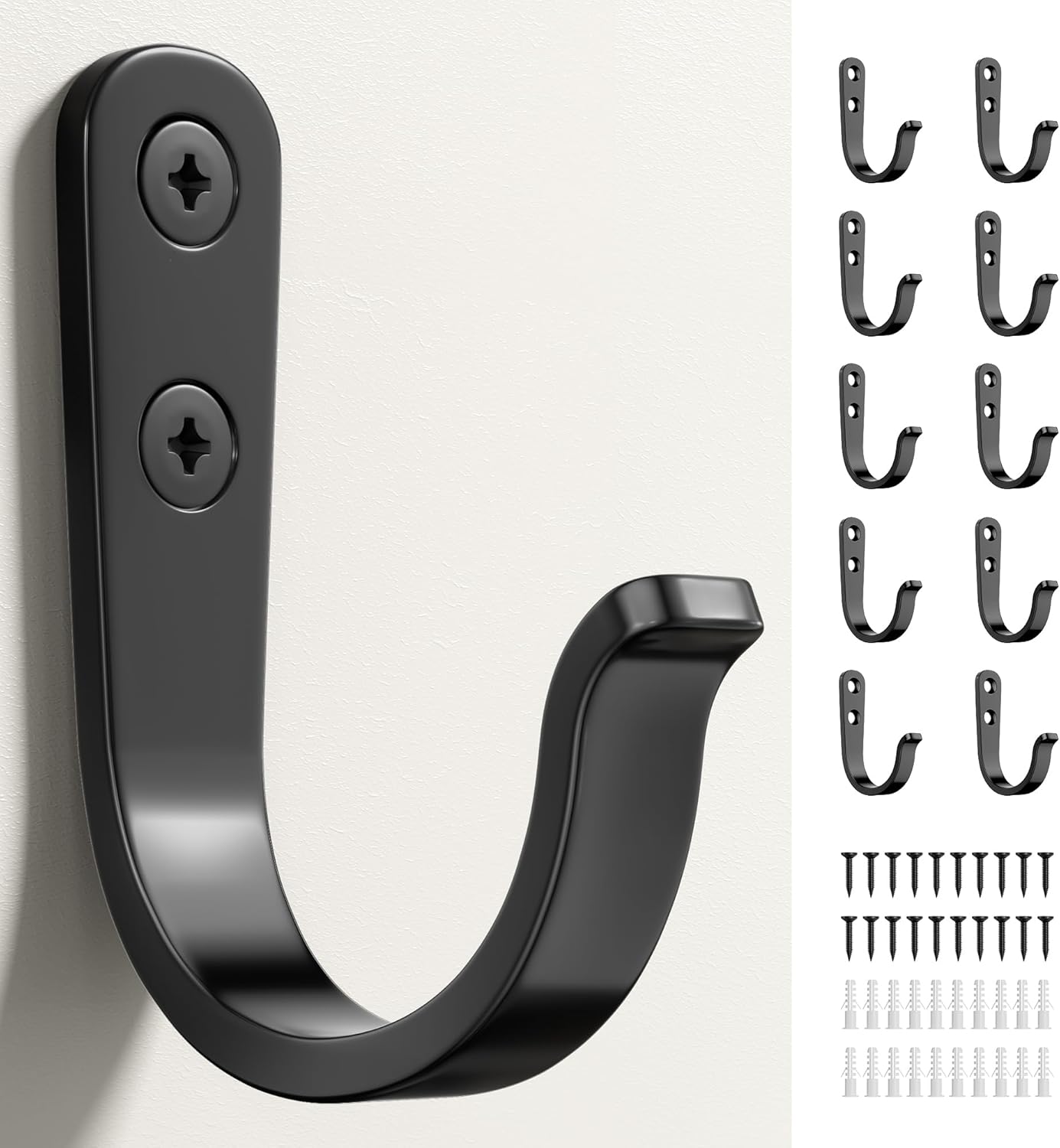 10Pcs Black Metal Wall Hooks by [Brand Name] - Durable Hooks for Hanging Coats, Towels & Bags - Supports Up to 40 lbs