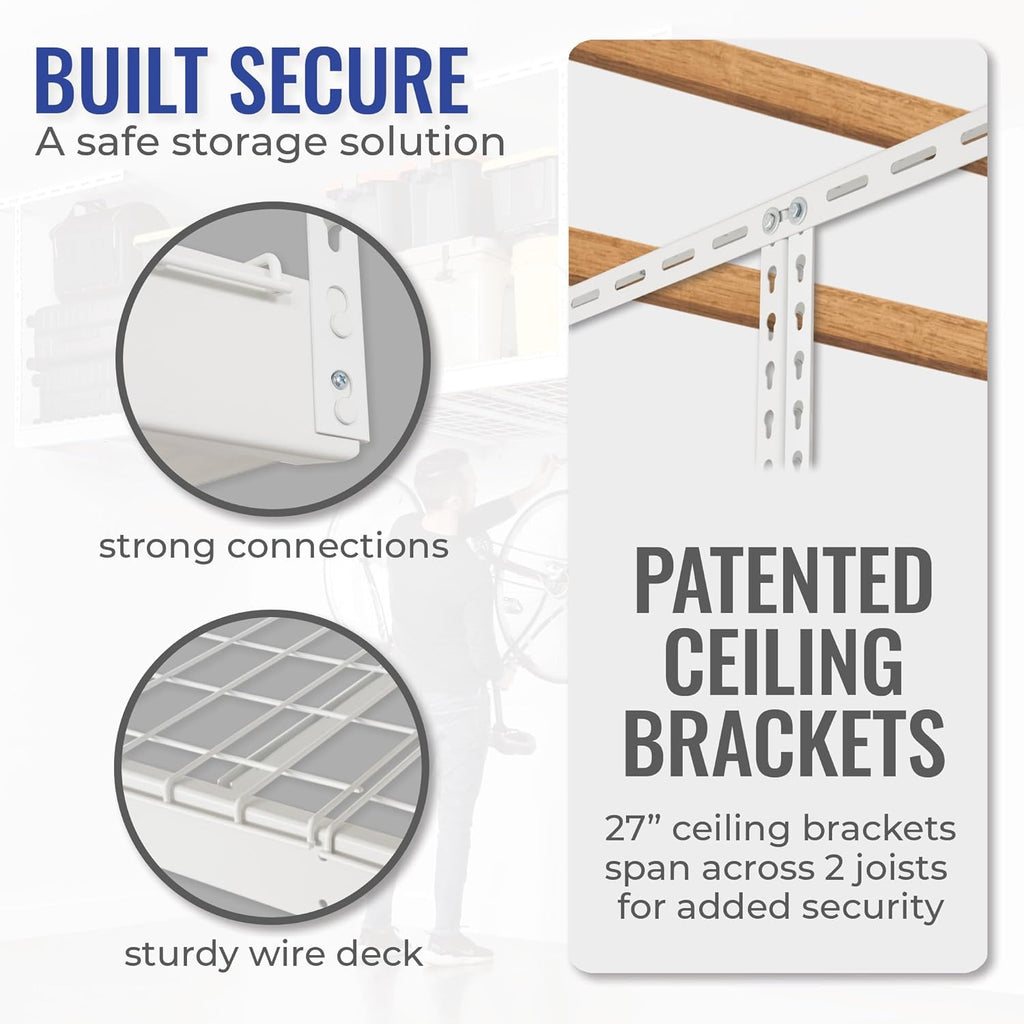 SafeRacks Overhead Storage Rack - Adjustable 4 ft x 8 ft | Height 24 in - 45 in, White with 5-Piece Hook Set