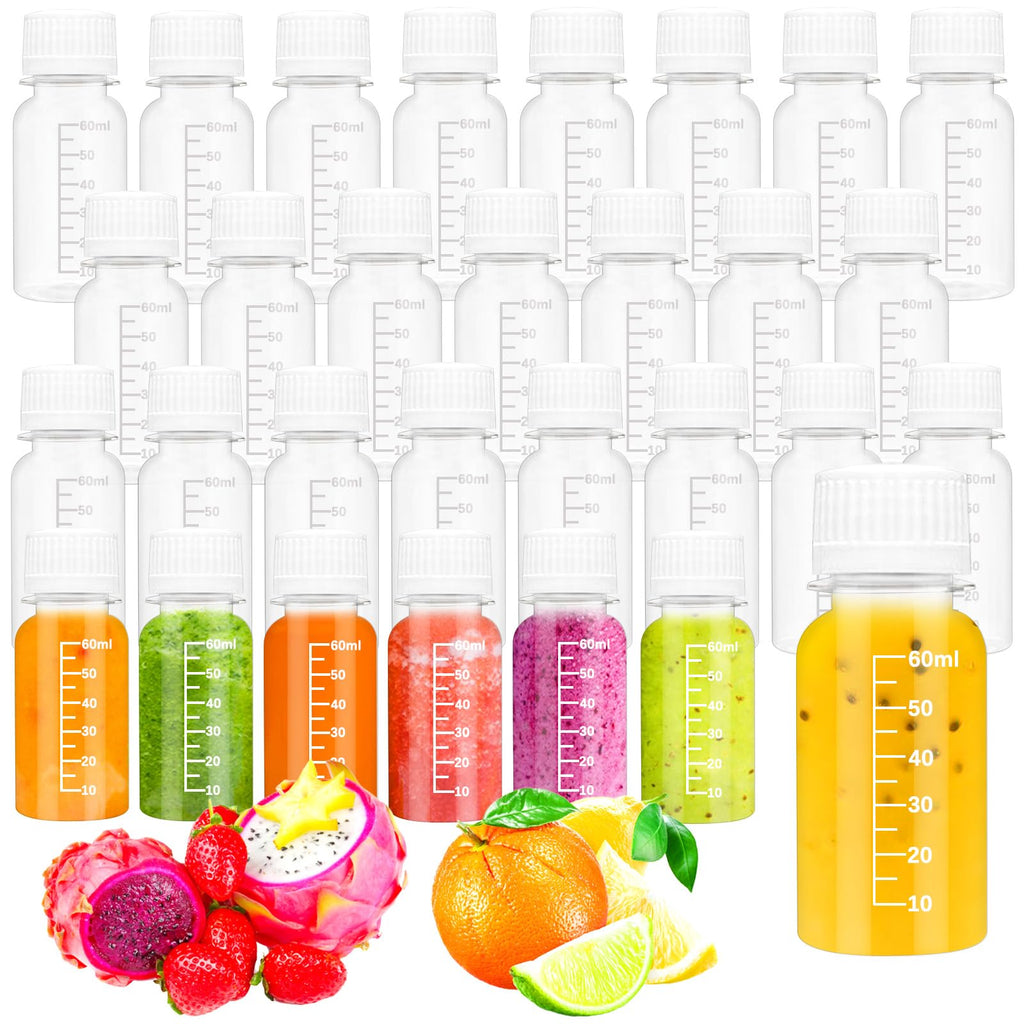 Szsrcywd 30Pcs 2oz Small Shot Bottles with Caps,Plastic Juice Bottle Reusable Ginger Beverage Containers Jars with Scale for Liquids,Beer,Coffee,Smoothies Portable Travel Bulk