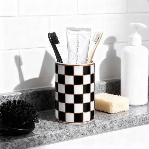 Checkered Bathroom Toothbrush Holder, Bathroom Black and White Ceramic Toothbrush Holder, Modern Toothbrush Box, Used for Bathroom countertop Storage Rack, Checkered Bathroom Decoration (Black)