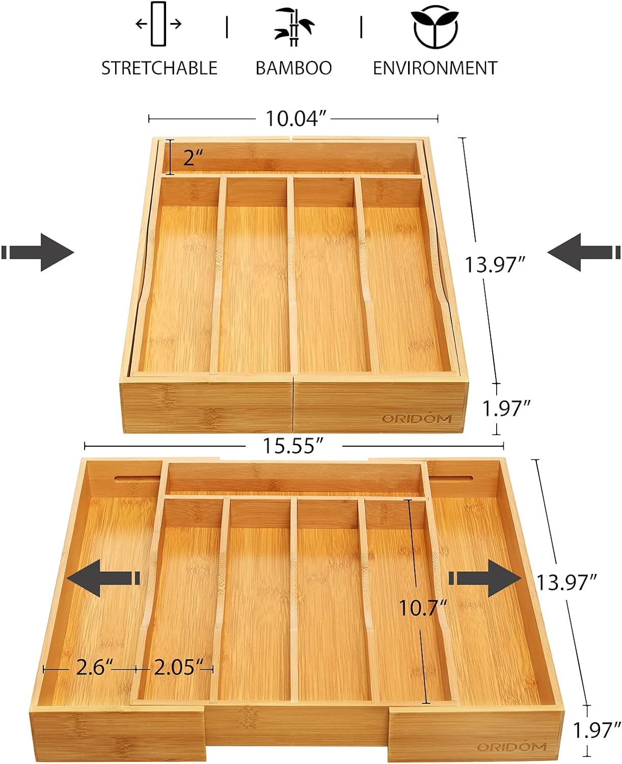 Skiennix Expandable Bamboo Kitchen Drawer Organizer - Adjustable Cutlery Tray for Flatware | Natural Finish