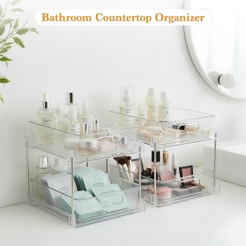 2 Pack Under Sink Organizer, 2 Tier Clear Bathroom Organizers and Storage, Pull-Out Medicine Cabinet Organizer, Multi-Purpose Cabinet Organizer with Track for Bathroom, Kitchen, Pantry, Vanity Storage