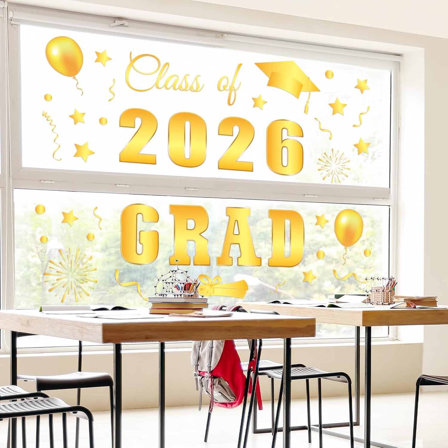 Whaline Graduation Window Clings - Class of 2026 Gold Foil Decor | Reusable Decals for Home & School