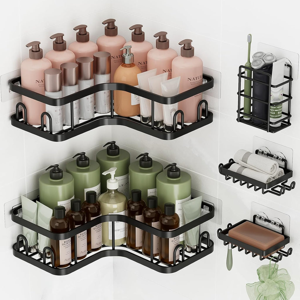 Veken Corner Shower Caddy - Rustproof Adhesive Shelves with Soap Holder | 5-Pack Large Capacity Organizers in Black