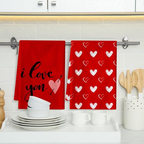Valentines Day Kitchen Towels Cute Hand Towels for Bathroom Valentine Dish Towel 4 Pcs Dwarfs with Love Heart Reusable Tea Towel Holiday Farmhouse Wedding Anniversary Kitchen Gift for Home Wall Decor