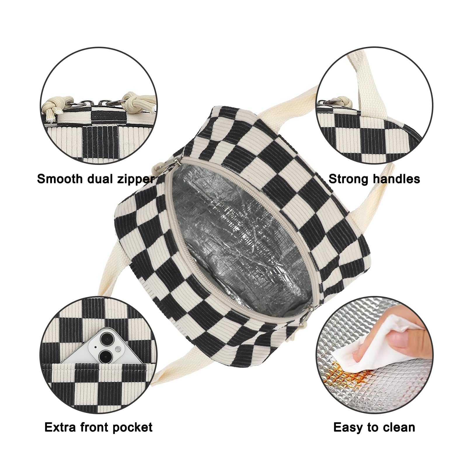 Dezcrab Corduroy Lunch Box for Women Girls, Cooler Lunch Bags Reusable Insulated Lunchbox for Picnic School Work Travel (Checkered Black)