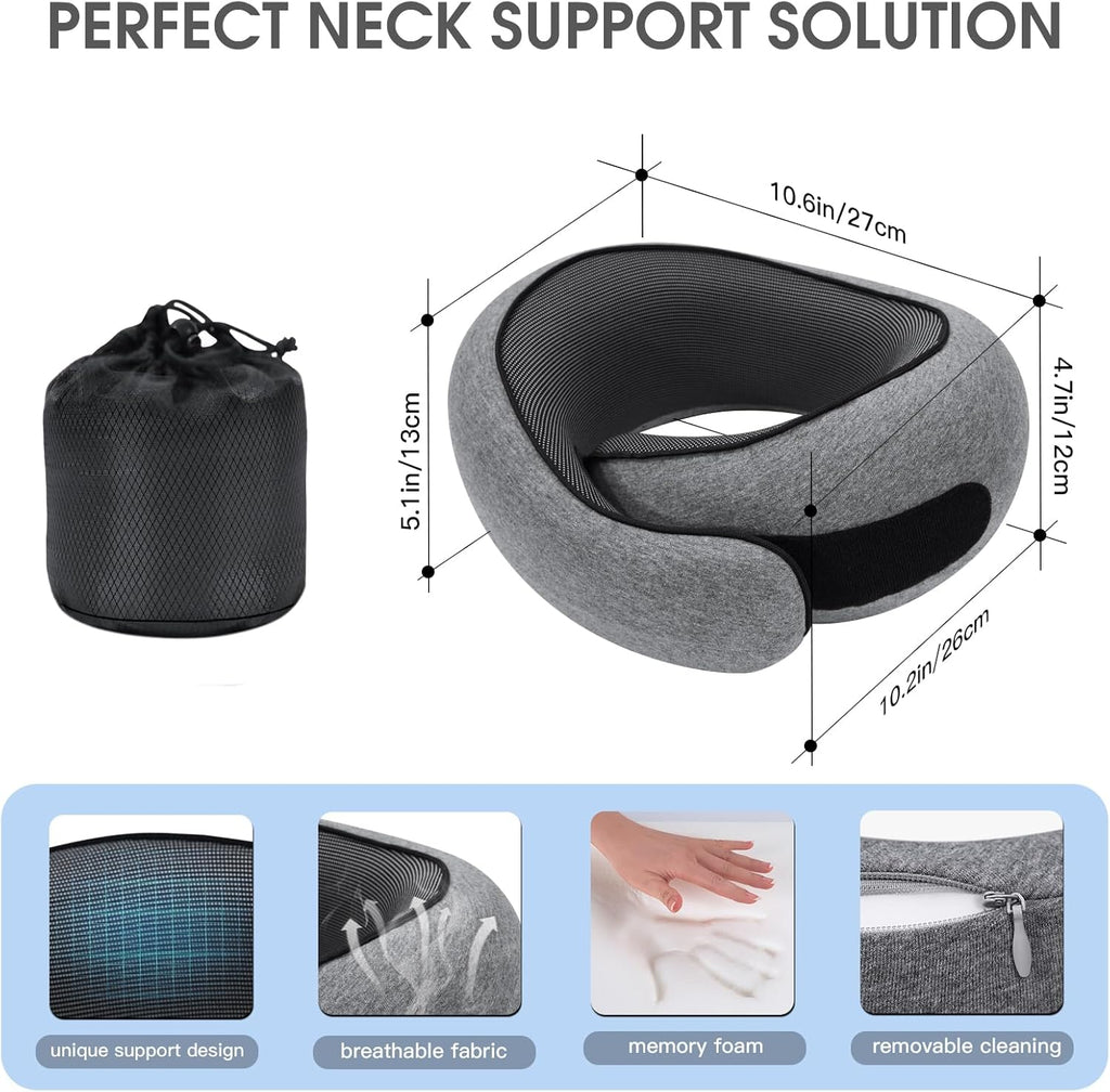 Skiennix Memory Foam Neck Travel Pillow - Ergonomic Comfort for Airplanes & Car Rides | Compact Grey Design