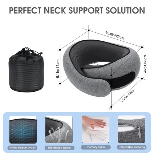 Dujuanus Neck Travel Pillows for Airplanes Memory Foam Neck Comfort Pillow Compact Ergonomic Design Sleeping Essentials for Long Flights Car Rides and Home Use (Grey)
