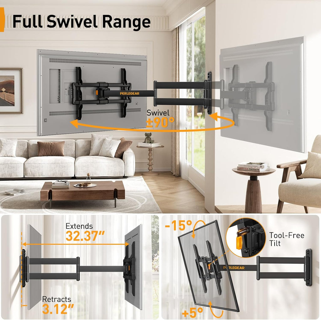 Perlegear Corner TV Wall Mount - Full Motion Bracket for 37-75 Inch TVs | 32.37” Extension & 100 lbs Capacity