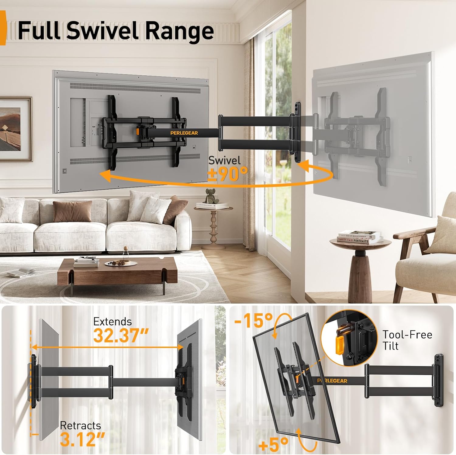 Perlegear Corner TV Wall Mount - Full Motion Bracket for 37-75 Inch TVs | 32.37” Extension & 100 lbs Capacity