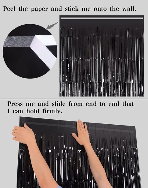 Melsan Black Tinsel Fringe Backdrop Curtains - 3.2 x 8 Ft Photo Backdrop for Parties | Pack of 2