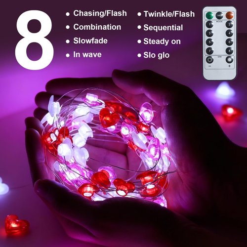 Tigrelight 13.18FT 40LED Pink Red White Heart String Lights Battery Operated with Timer & Remote, Romantic Valentine’s Day Decor for Bedroom, Home, Party, Indoor Heart Fairy Lights Gifts
