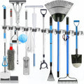 Heavy Duty Wall Mount Broom Holder by [Brand Name] - Stainless Steel Organizer with 5 Racks & 4 Hooks | Self-Adhesive or Screw Mount for Garage, Laundry, Kitchen - Silver