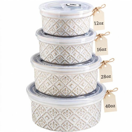 MISSYSSIM Airtight Food Storage Containers with Lids Mixing Bowls Set, Ceramic Serving Bowls with Lids Set of 4, 12/16/28/40 oz Stackable Nesting Salad Bowls for Cooking, Baking, Ramen - Beige