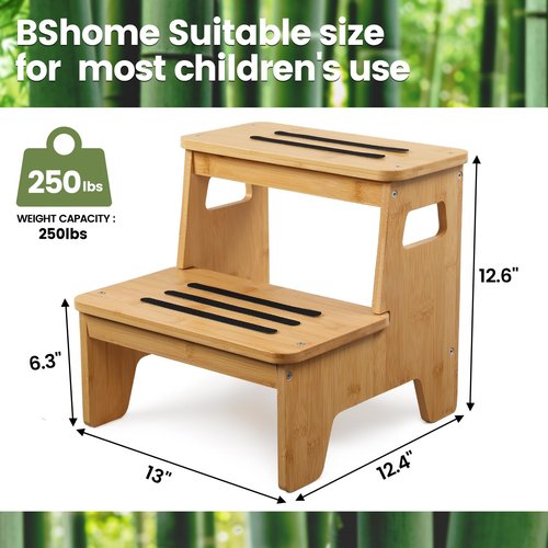 Wooden Step Stools for Kids, Heavy Duty Bamboo 2-Step Stepping Stools for Toddlers, DIY Non-Slip Pads & Handles, for High Bed, Bathroom, Toilet, Kitchen, RV, Natural