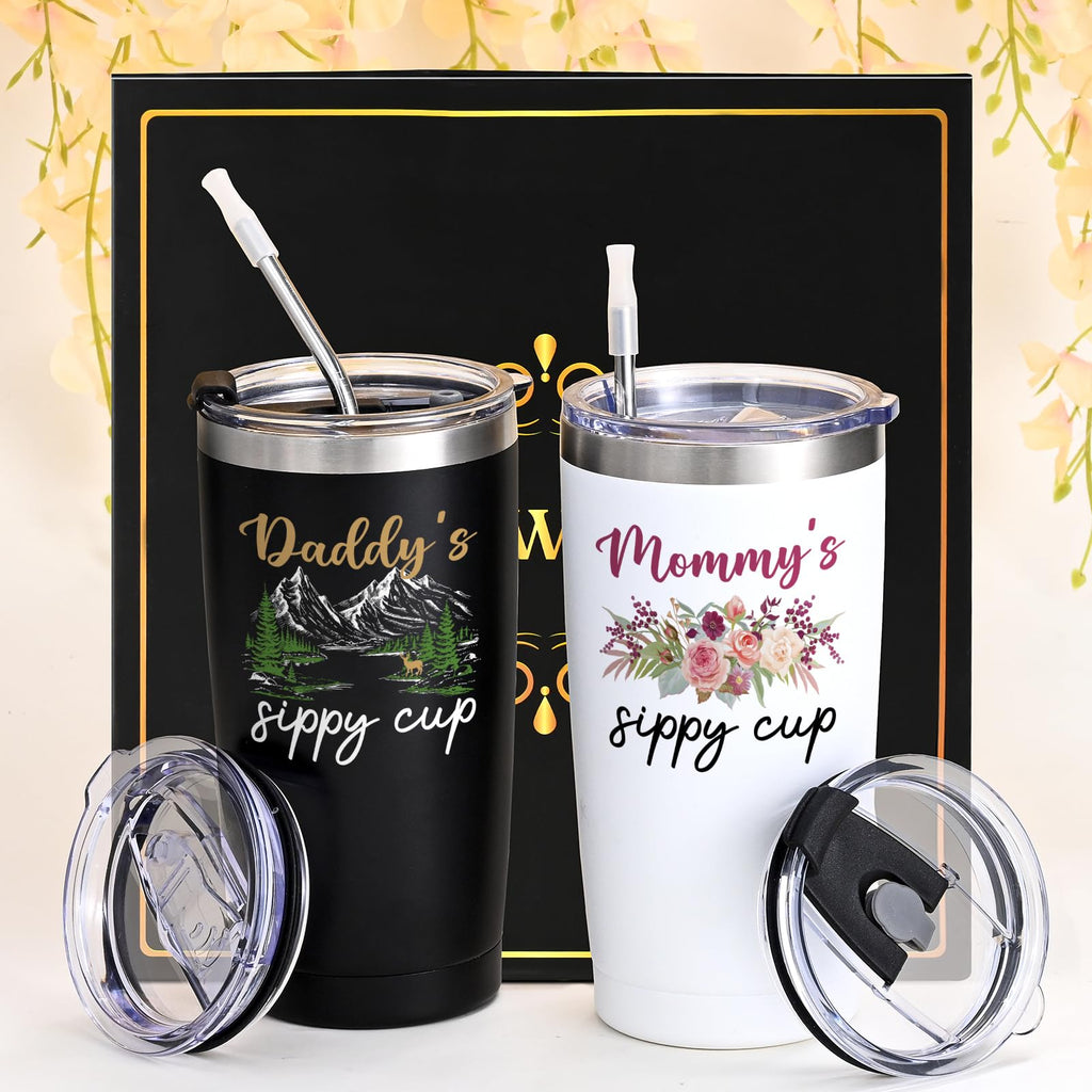 Qtencas New Parents Gifts for Couples, Daddy's Sippy Cup and Mommy's Sippy Cup Tumbler Set, Mom and Dad Gift, Father's Day Thanksgiving Christmas Baby Shower Gifts for First-Time mom and Dad, 20oz
