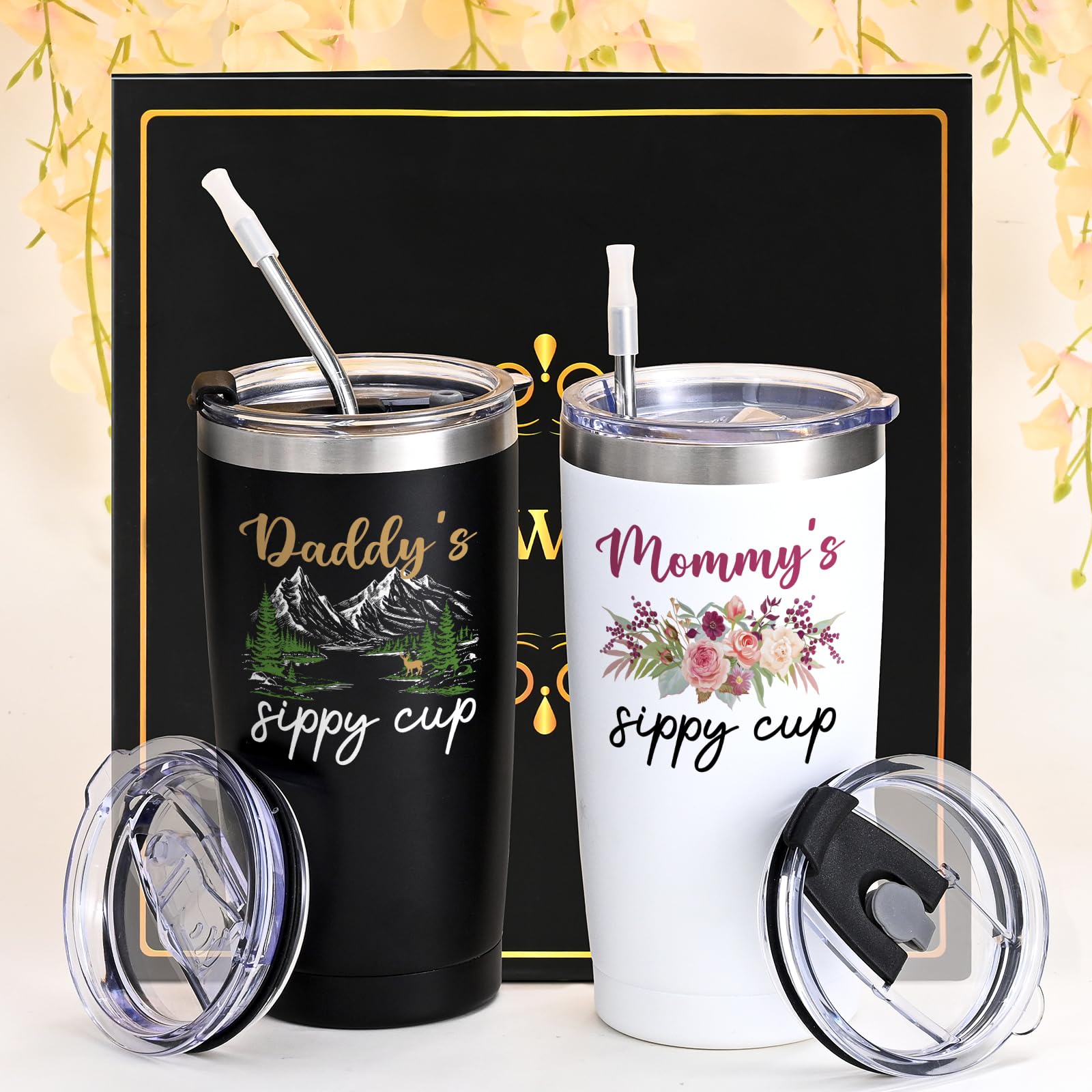 Qtencas New Parents Gifts for Couples, Daddy's Sippy Cup and Mommy's Sippy Cup Tumbler Set, Mom and Dad Gift, Father's Day Thanksgiving Christmas Baby Shower Gifts for First-Time mom and Dad, 20oz
