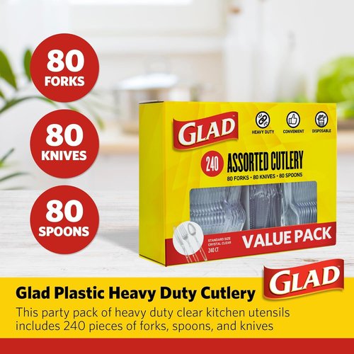 Glad Clear Disposable Cutlery Set - Heavy Duty Plastic Forks, Knives & Spoons | 240 Count, Dishwasher Safe