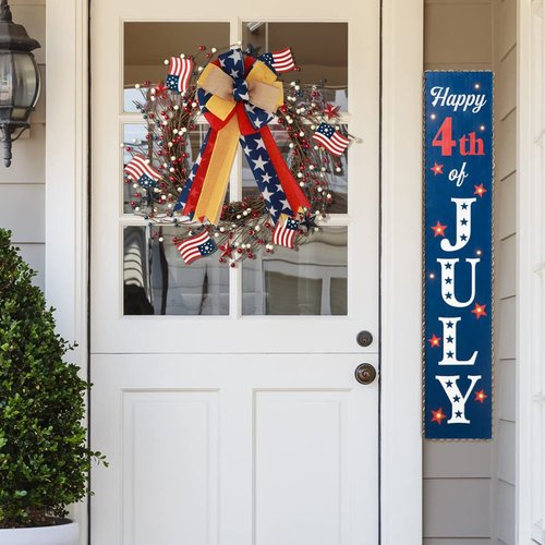 Meseey 1 Pcs Large Red and Blue Patriotic Bow Yellow Deployment of Troops Ribbon Bow for Bunting Wreath Holiday Independence Day 4th of July Party Door Wall Decoration (Patriotic)