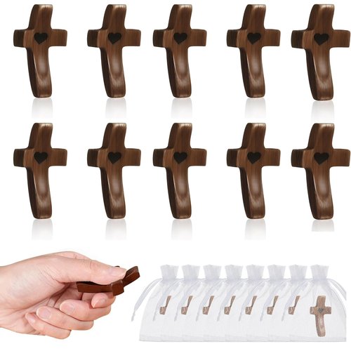Handmade 10Pcs Wooden Cross Fidget Bulk with Organza Bags - Stress Relief Pocket Cross My Heart for Christian, Pocket Prayer Cross, Religious Easter Day Gifts