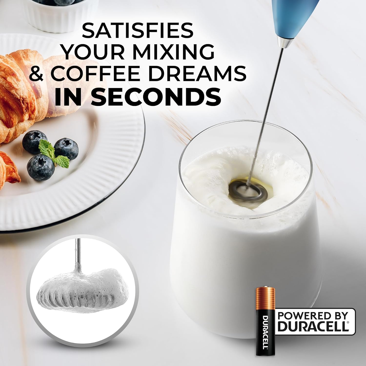 Zulay Kitchen Milk Frother Handheld Electric Whisk with AA Duracell Batteries – Durable Drink Mixer for Coffee, Lattes, Cappuccinos & More - Deep Sea