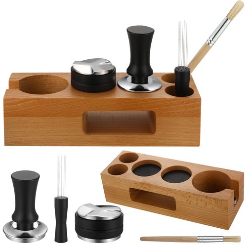 Roowest 5 Pack 54 mm Espresso Accessories Kit Wooden Tamper Station Coffee Distributor Stirrer Tamping Mat with Brush, Multipurpose Tools for Bar Home Office