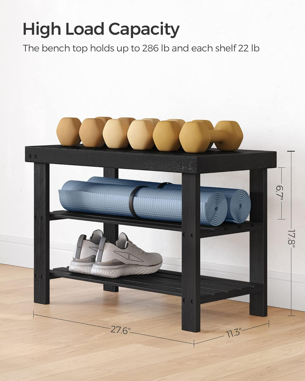 SONGMICS Shoe Rack Bench - 3-Tier Bamboo Storage Organizer | Holds Up to 286 lb, Ink Black, 11.3 x 27.6 x 17.8 Inches