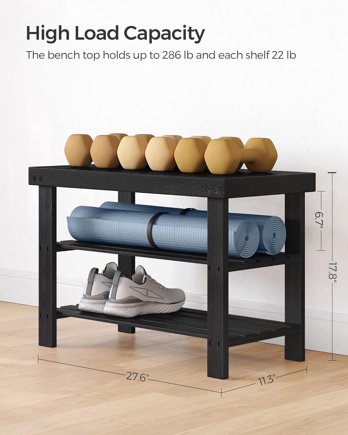 SONGMICS Shoe Rack Bench - 3-Tier Bamboo Storage Organizer | Holds Up to 286 lb, Ink Black, 11.3 x 27.6 x 17.8 Inches