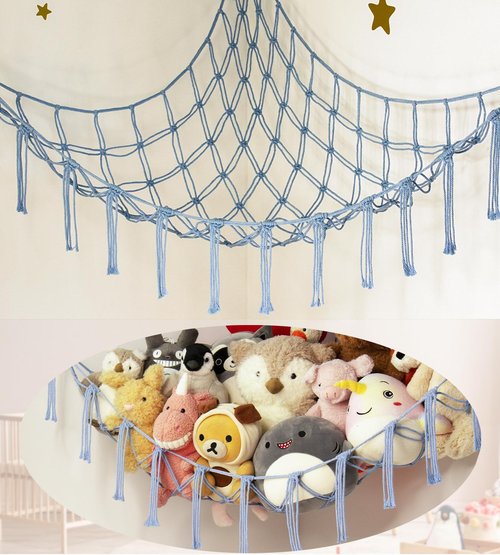 Mirolam Stuffed Animal Storage Hammock - Large Blue Plush Toy Net for Corner Room Decor