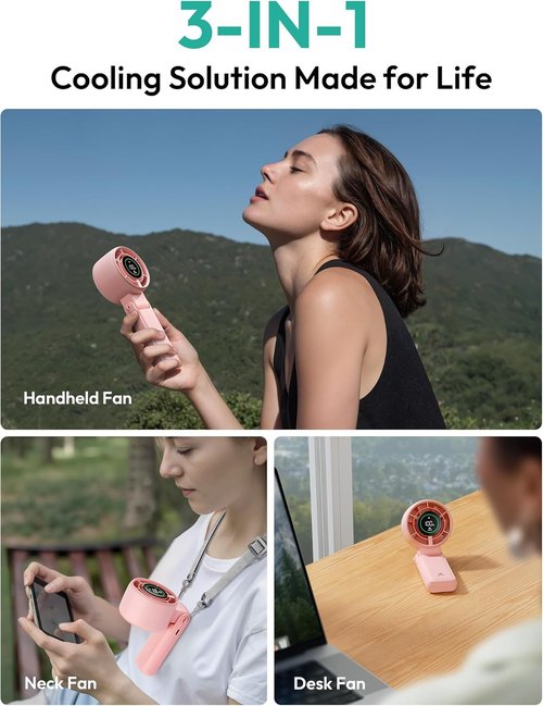 Aecooly Portable 3-in-1 Turbo Handheld Fan - USB Rechargeable Mini with 22H Cooling Time | Pink