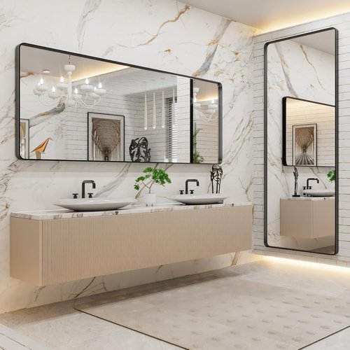 LOAAO Black Metal Framed Bathroom Mirror - Large 84x32 Inch Rounded Rectangle, Anti-Rust Tempered Glass, Versatile Hang Options