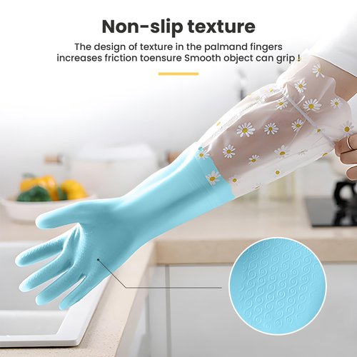 KAQ Dishwashing Cleaning Gloves 3 Pairs-Reusable Cotton Liner Rubber Gloves Long cuff 19.5" Non-Slip Kitchen Gardening Gloves