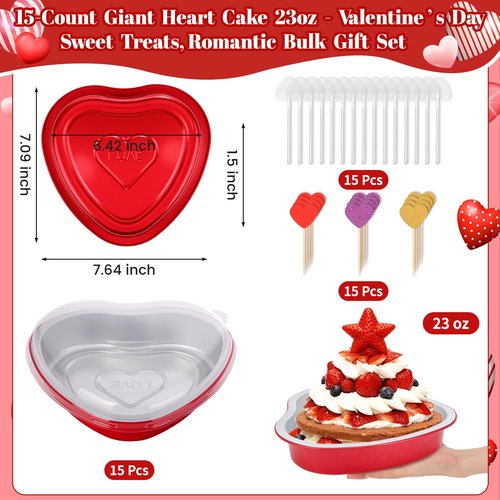 23 OZ Large Heart Shaped Cake Pans for Baking 15 Pack Aluminum Foil Baking Tins with Lids Red Desert Heart Cake Mold Disposable Ramekins Containers for Valentine's Day, Mother's Day, Wedding, Party