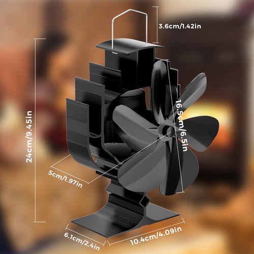 Gisam Oscillating Wood Stove Fan - 60° Left-Right Rotation, 6-Blade Heat Powered Fireplace Fan with Magnetic Thermometer, Non-Electric for Fast Warm Air Circulation