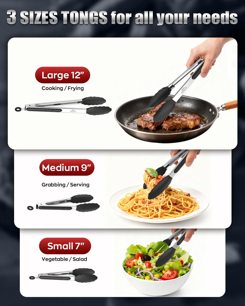Bnlcd Good Grip Cooking Tongs with Silicone Tips, Set of 3-7" 9" and 12"
