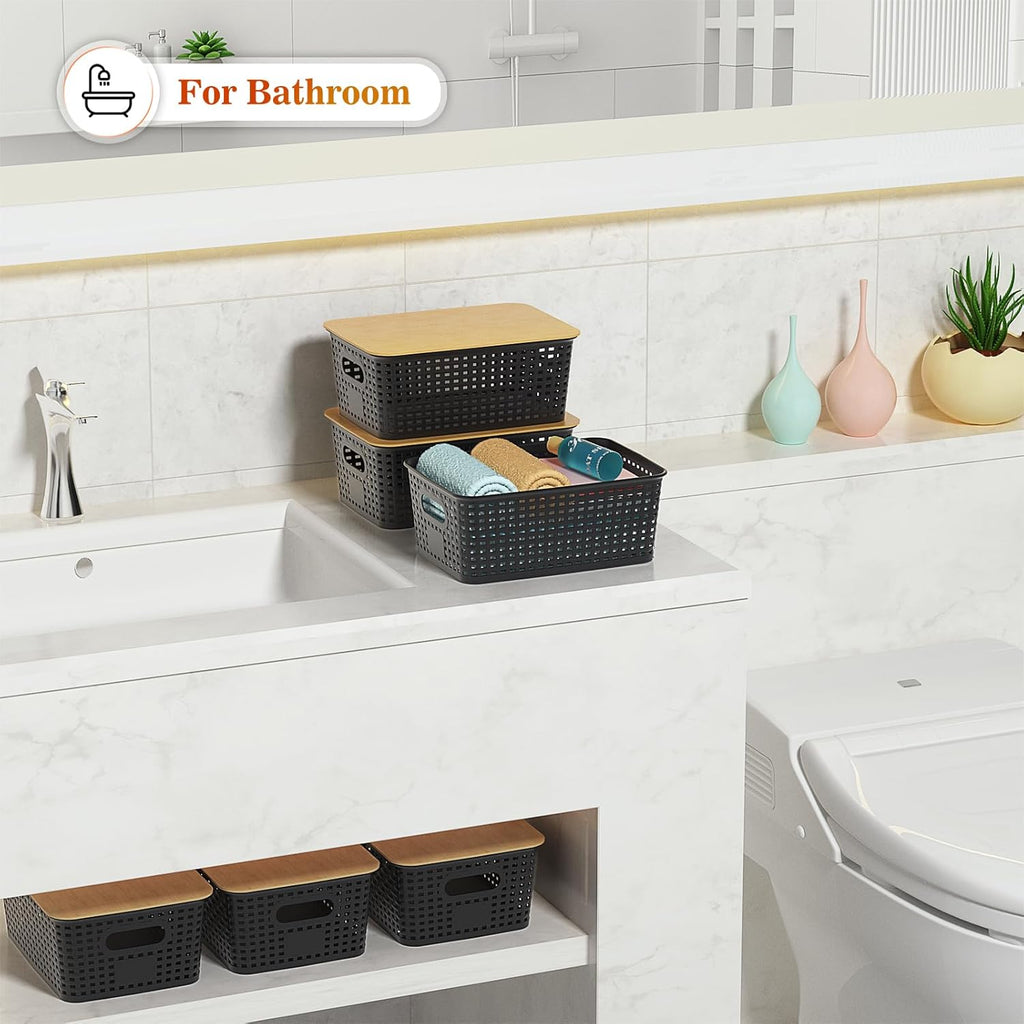 Ohmlove Plastic Storage Baskets - Stackable Containers with Bamboo Lid for Organizing | 6 Pack