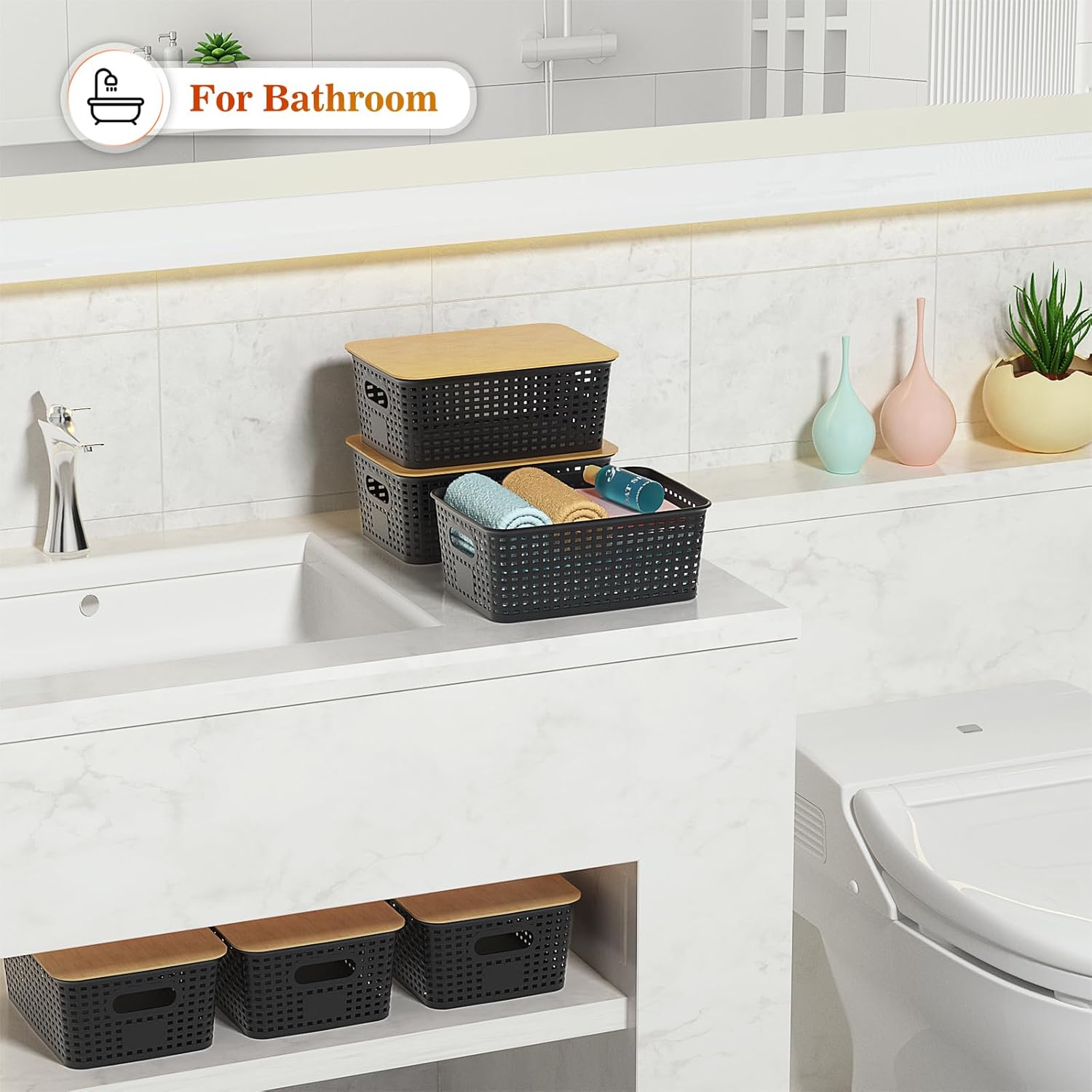 Ohmlove Plastic Storage Baskets - Stackable Containers with Bamboo Lid for Organizing | 6 Pack