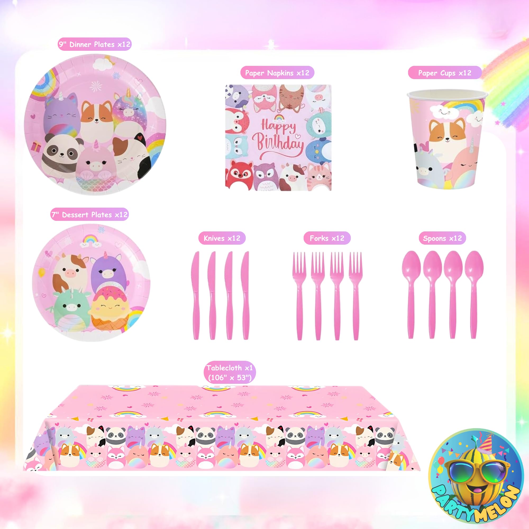 Partymelon Cute Animals Birthday Decorations Kids Party Supplies with Plates Cups Napkins Spoons Forks Knives Tablecloth