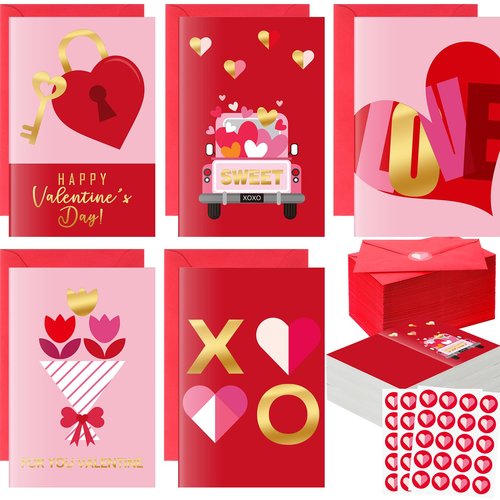 Motiskyy 100 Pcs Valentine's Day Greeting Cards Gold Foil with Red Envelopes and Stickers 5 Designs Assortment 5.9 x 3.9 Inches Blank Inside for Valentine's Day Wedding Anniversary