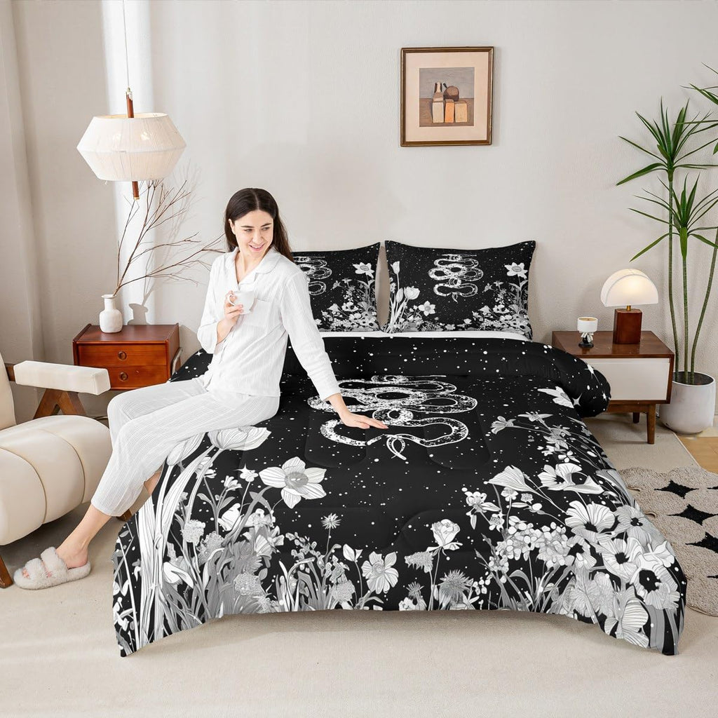 Snake Comforter Set Twin Size,Night Moon Starry Sky Bedding Set 2Pcs,Boho Flower Leaves Botanical Print Quilt Set for Kids Boys Girls Teens Room Decor Gothic Animal Duvet Insert,1 Pillowcase